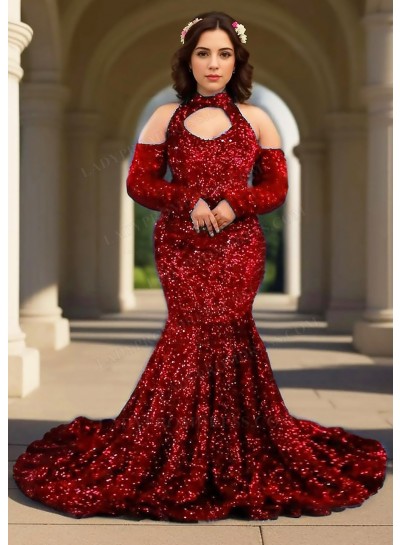 Red Open Shoulder Long Sleeves Sequined Mermaid Prom Dresses