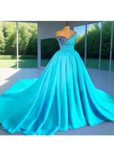 Blue Ball Gown Satin One Shoulder Beaded Quinceanera Prom Dresses