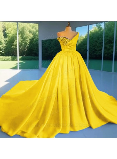 Daffodil Ball Gown Satin One Shoulder Beaded Quinceanera Prom Dresses