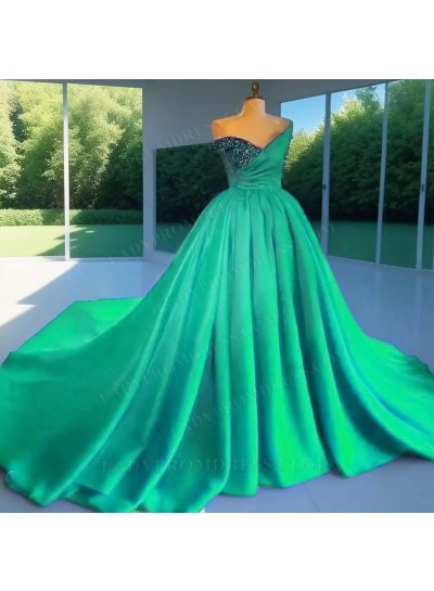 Emerald Ball Gown Satin One Shoulder Beaded Quinceanera Prom Dresses