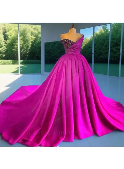 Fuchsia Ball Gown Satin One Shoulder Beaded Quinceanera Prom Dresses