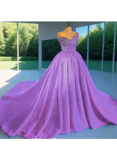 Lilac Ball Gown Satin One Shoulder Beaded Quinceanera Prom Dresses