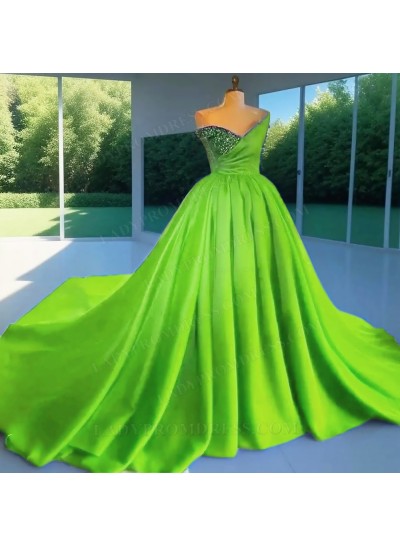 Lime Green Ball Gown Satin One Shoulder Beaded Quinceanera Prom Dresses