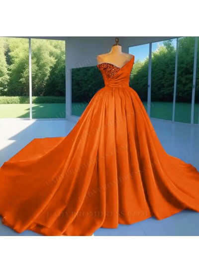 Orange Ball Gown Satin One Shoulder Beaded Quinceanera Prom Dresses