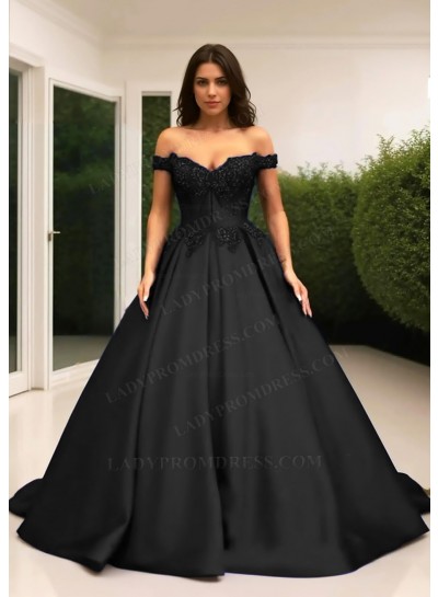 Black Ball Gown Off the Shoulder Satin Quinceanera Prom Dresses with Appliques