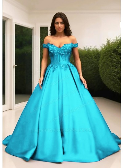 Blue Ball Gown Off the Shoulder Satin Quinceanera Prom Dresses with Appliques