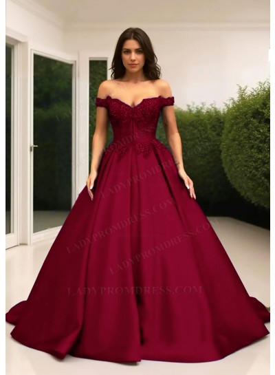Burgundy Ball Gown Off the Shoulder Satin Quinceanera Prom Dresses with Appliques