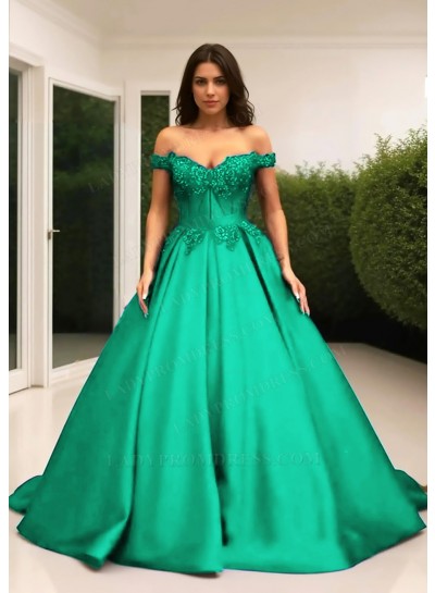 Emerald Ball Gown Off the Shoulder Satin Quinceanera Prom Dresses with Appliques