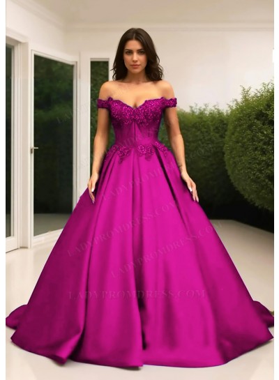 Fuchsia Ball Gown Off the Shoulder Satin Quinceanera Prom Dresses with Appliques
