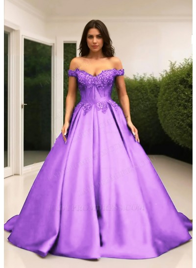 Lilac Ball Gown Off the Shoulder Satin Quinceanera Prom Dresses with Appliques