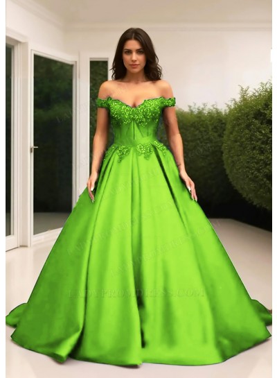 Lime Green Ball Gown Off the Shoulder Satin Quinceanera Prom Dresses with Appliques