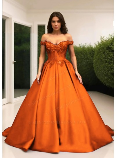 Orange Ball Gown Off the Shoulder Satin Quinceanera Prom Dresses with Appliques