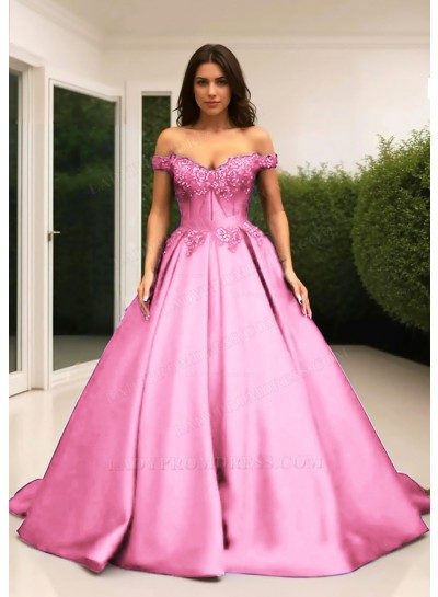 Pale Pink Ball Gown Off the Shoulder Satin Quinceanera Prom Dresses with Appliques