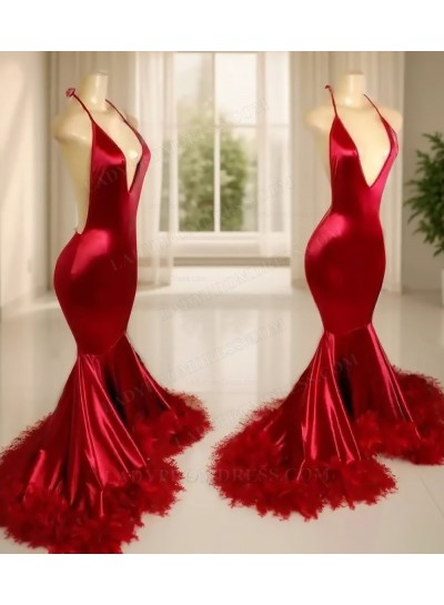 Red Satin Halter Evening Prom Dresses with Feathers Trim