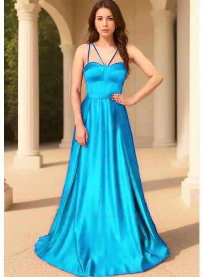 Blue Spaghetti Straps Satin Fabric Floor Length Prom Dresses