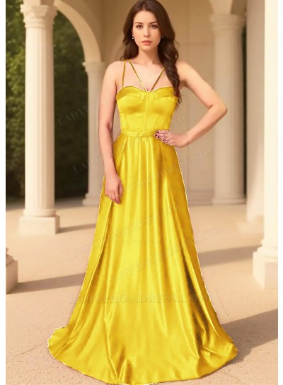 Daffodil Spaghetti Straps Satin Fabric Floor Length Prom Dresses