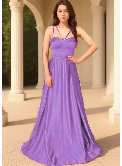 Lilac Spaghetti Straps Satin Fabric Floor Length Prom Dresses