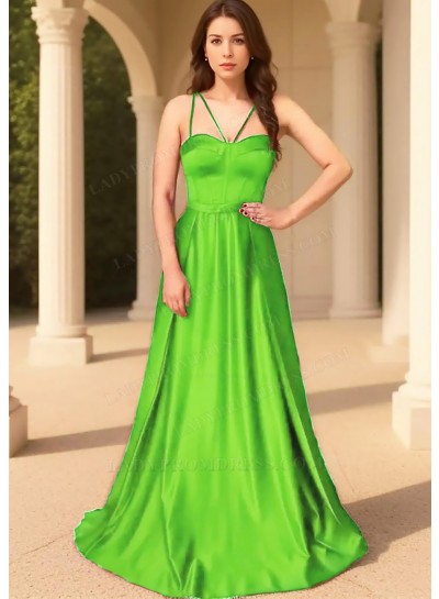 Lime Green Spaghetti Straps Satin Fabric Floor Length Prom Dresses