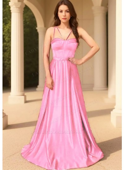 Pale Pink Spaghetti Straps Satin Fabric Floor Length Prom Dresses