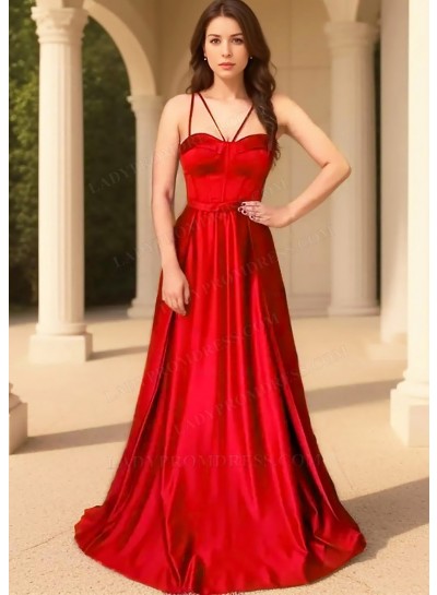 Red Spaghetti Straps Satin Fabric Floor Length Prom Dresses