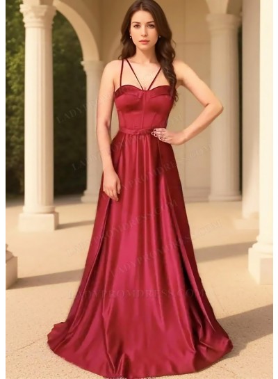 Burgundy Spaghetti Straps Satin Fabric Floor Length Prom Dresses