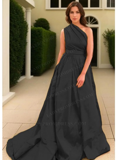 Black A-line One Shoulder Satin Long Train Prom Dresses