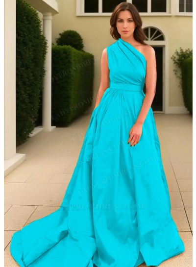 Blue A-line One Shoulder Satin Long Train Prom Dresses