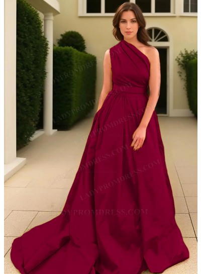 Burgundy A-line One Shoulder Satin Long Train Prom Dresses