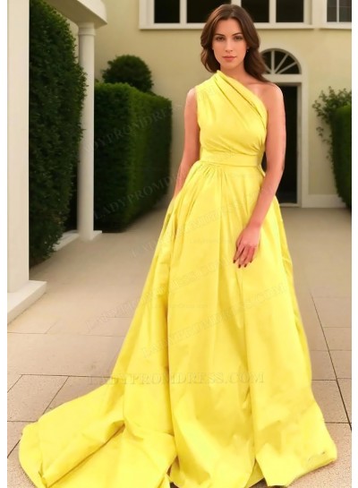 Daffodil A-line One Shoulder Satin Long Train Prom Dresses