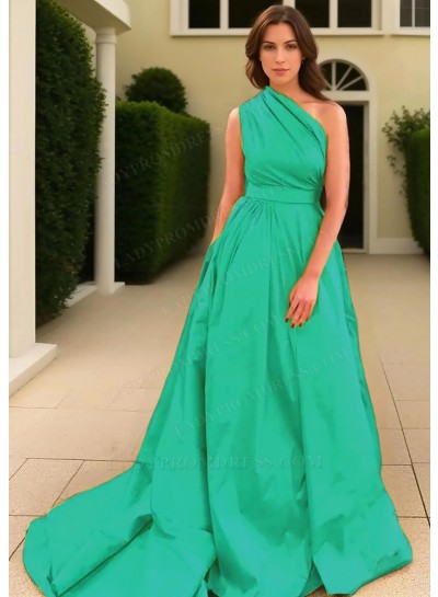 Emerald A-line One Shoulder Satin Long Train Prom Dresses