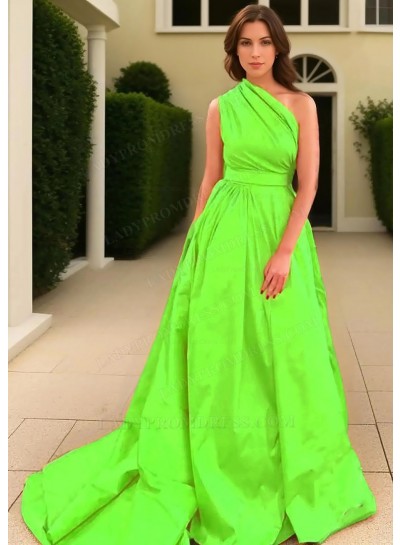 Lime Green A-line One Shoulder Satin Long Train Prom Dresses