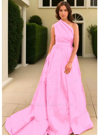 Pale Pink A-line One Shoulder Satin Long Train Prom Dresses