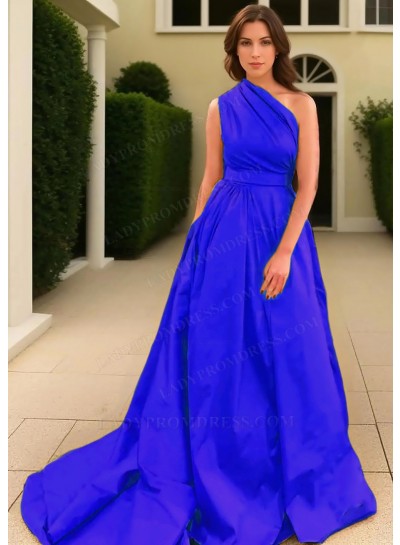 Royal Blue A-line One Shoulder Satin Long Train Prom Dresses