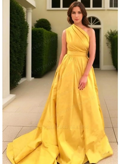 Yellow A-line One Shoulder Satin Long Train Prom Dresses