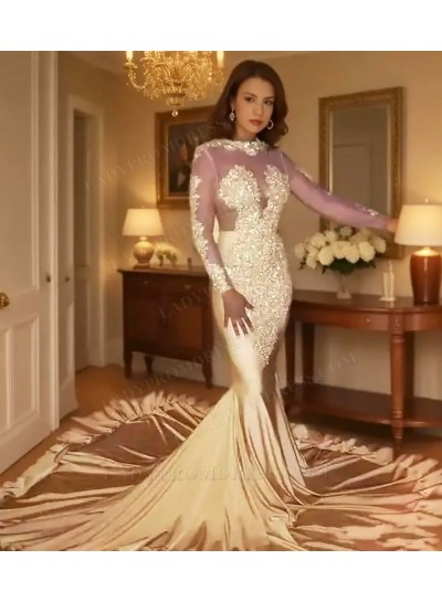 Gold Mermaid Satin Sheer Long Sleeves Evening Prom Dresses with Appliques