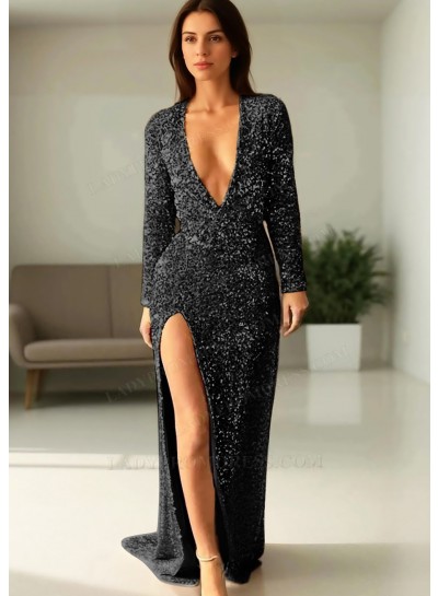 Black Sequined Deep V-neck Long Sleeves High Slit Formal Evening Prom Dresses