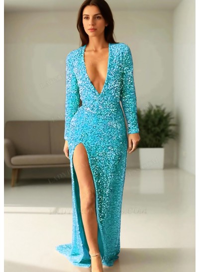Blue Sequined Deep V-neck Long Sleeves High Slit Formal Evening Prom Dresses