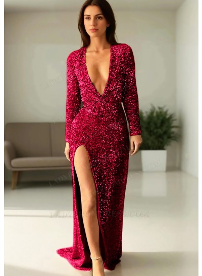 Burgundy Sequined Deep V-neck Long Sleeves High Slit Formal Evening Prom Dresses