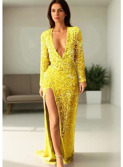 Daffodil Sequined Deep V-neck Long Sleeves High Slit Formal Evening Prom Dresses