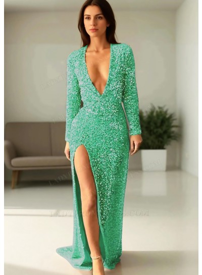 Emerald Sequined Deep V-neck Long Sleeves High Slit Formal Evening Prom Dresses