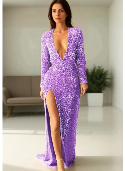 Lilac Sequined Deep V-neck Long Sleeves High Slit Formal Evening Prom Dresses