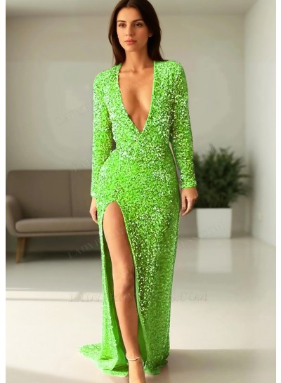 Lime Green Sequined Deep V-neck Long Sleeves High Slit Formal Evening Prom Dresses