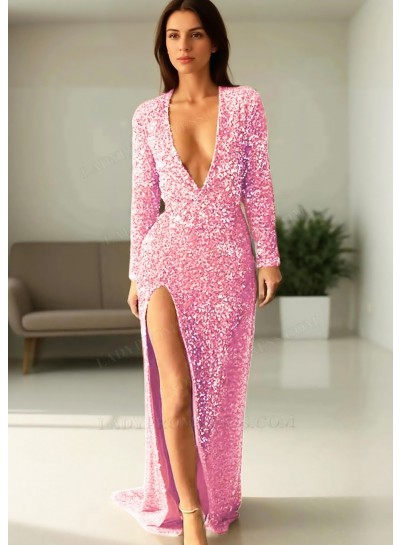 Pale Pink Sequined Deep V-neck Long Sleeves High Slit Formal Evening Prom Dresses