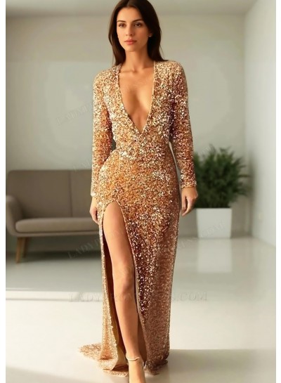 Gold Sequined Deep V-neck Long Sleeves High Slit Formal Evening Prom Dresses