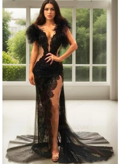 Black V-neck Sheer Lace Formal Evening Prom Dresses with Feathers