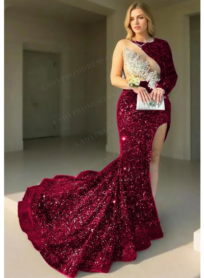 Burgundy One-Sleeve Sequined High Slit Prom Dresses with Appliques