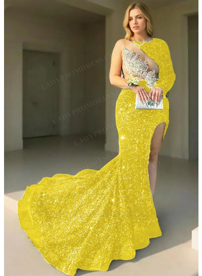 Daffodil One-Sleeve Sequined High Slit Prom Dresses with Appliques
