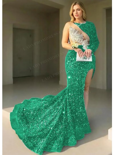 Emerald One-Sleeve Sequined High Slit Prom Dresses with Appliques
