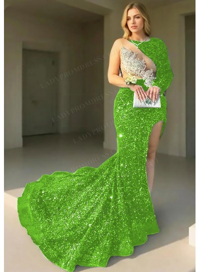 Lime Green One-Sleeve Sequined High Slit Prom Dresses with Appliques