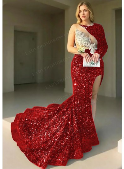Red One-Sleeve Sequined High Slit Prom Dresses with Appliques